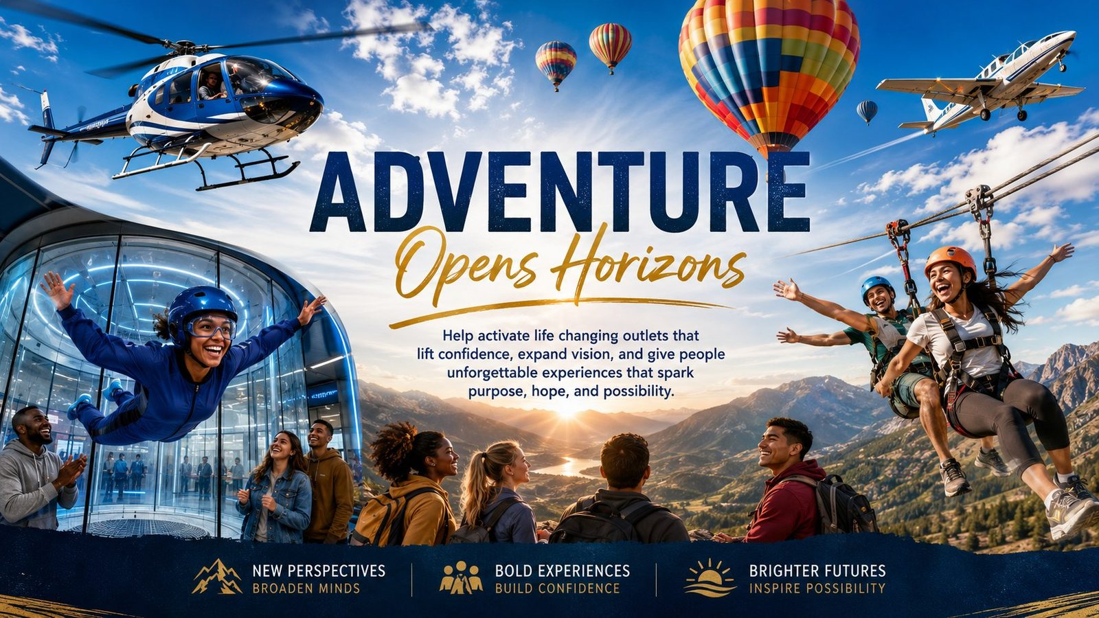 Adventure opens horizons - helicopter tours, hot air balloons, indoor skydiving, and zip lining