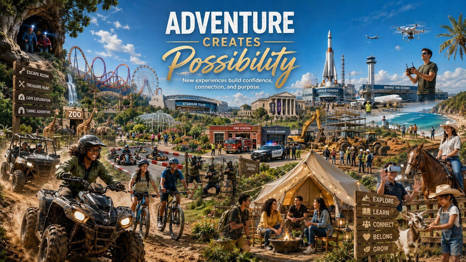 Adventure creates possibility - ATVs, bikes, go-karts, camping, theme parks, zoo, space center, and more