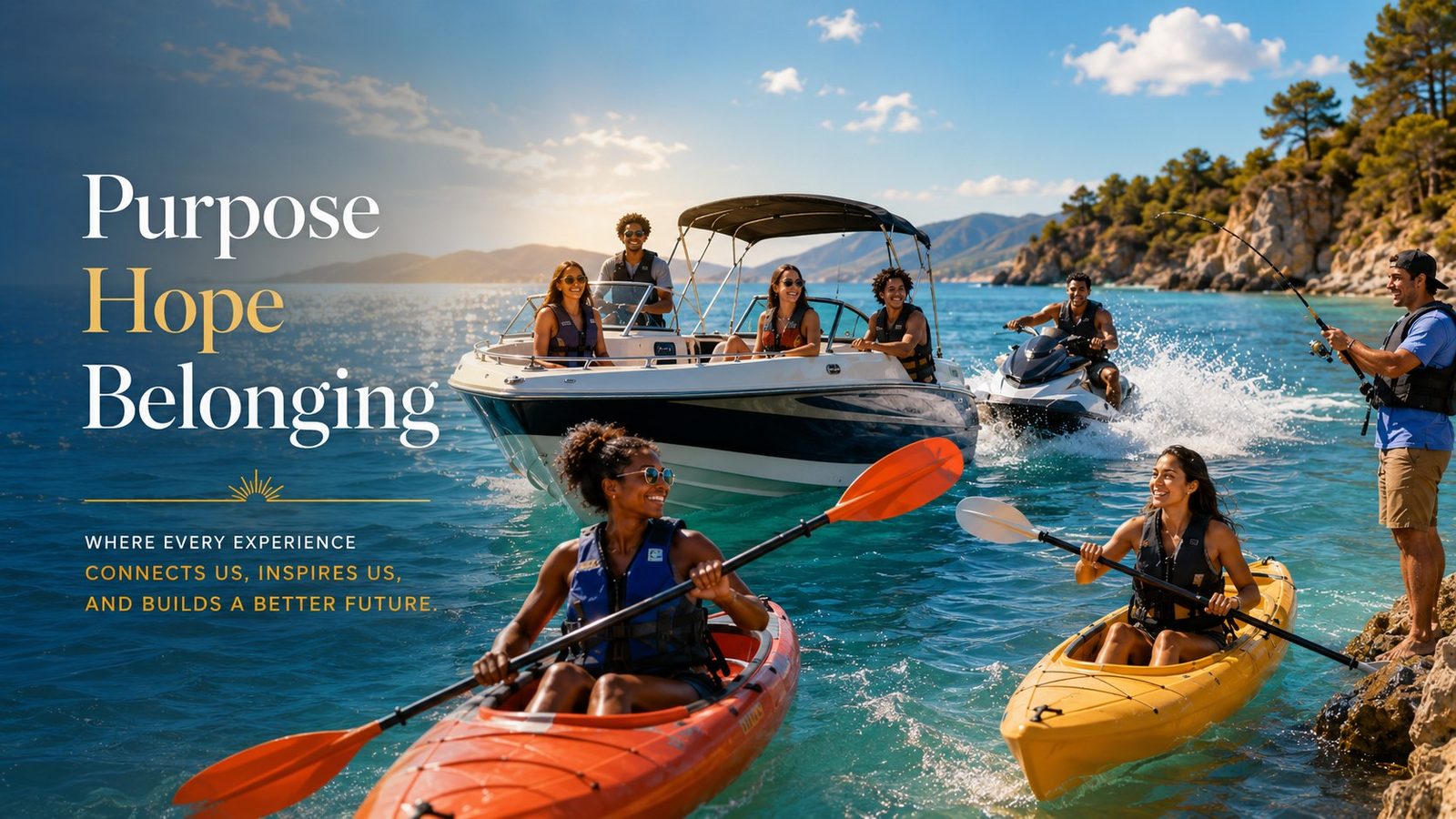 Purpose, hope, belonging - V.O.V families boating, jet skiing, kayaking, and fishing on open water
