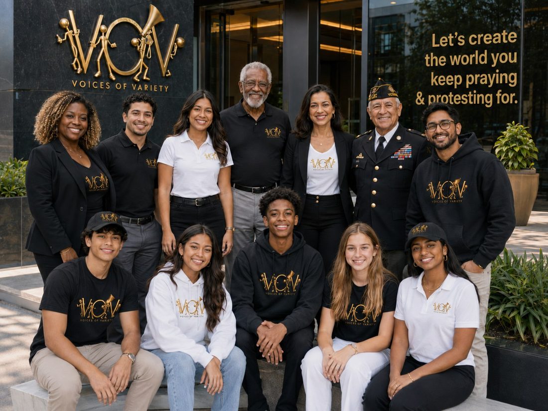 The V.O.V team in black and gold — we work here, you should too