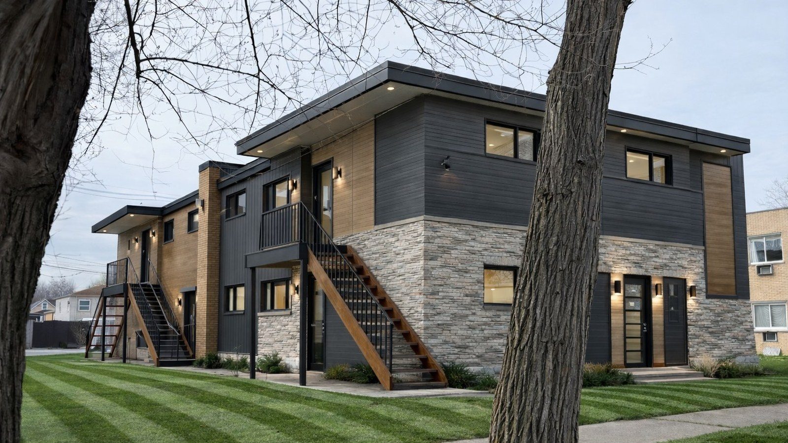 The same Harvey Illinois building fully restored into modern apartments with new siding, stone, lighting, and landscaping