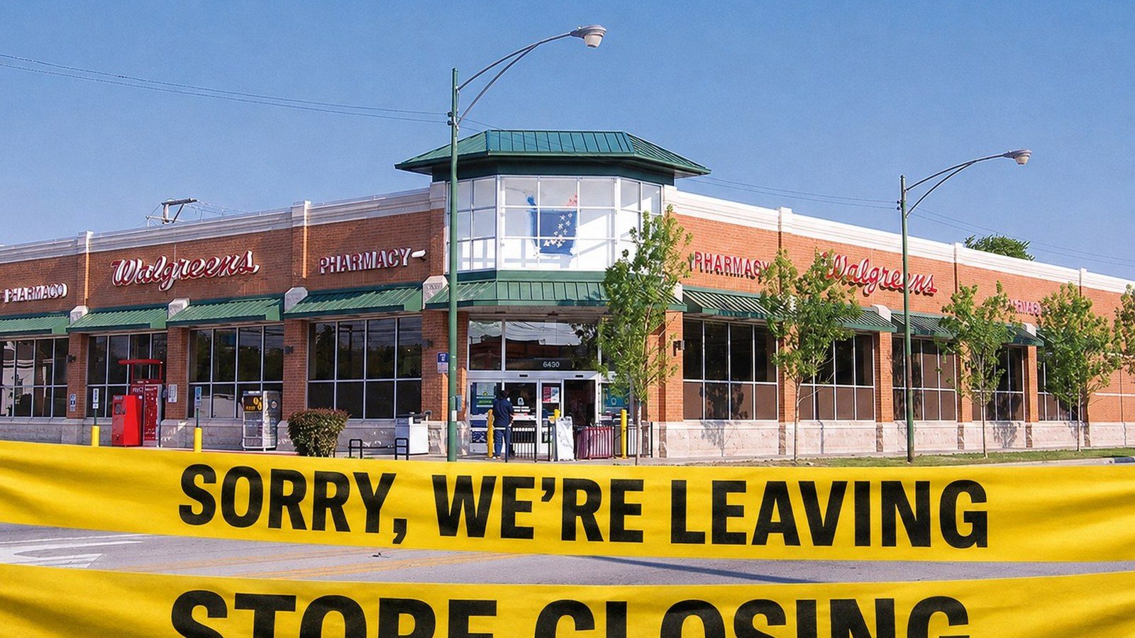 A Walgreens store with yellow Sorry We're Leaving Store Closing tape across the parking lot