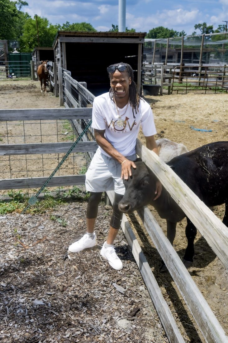 A V.O.V member meeting a calf at a working farm