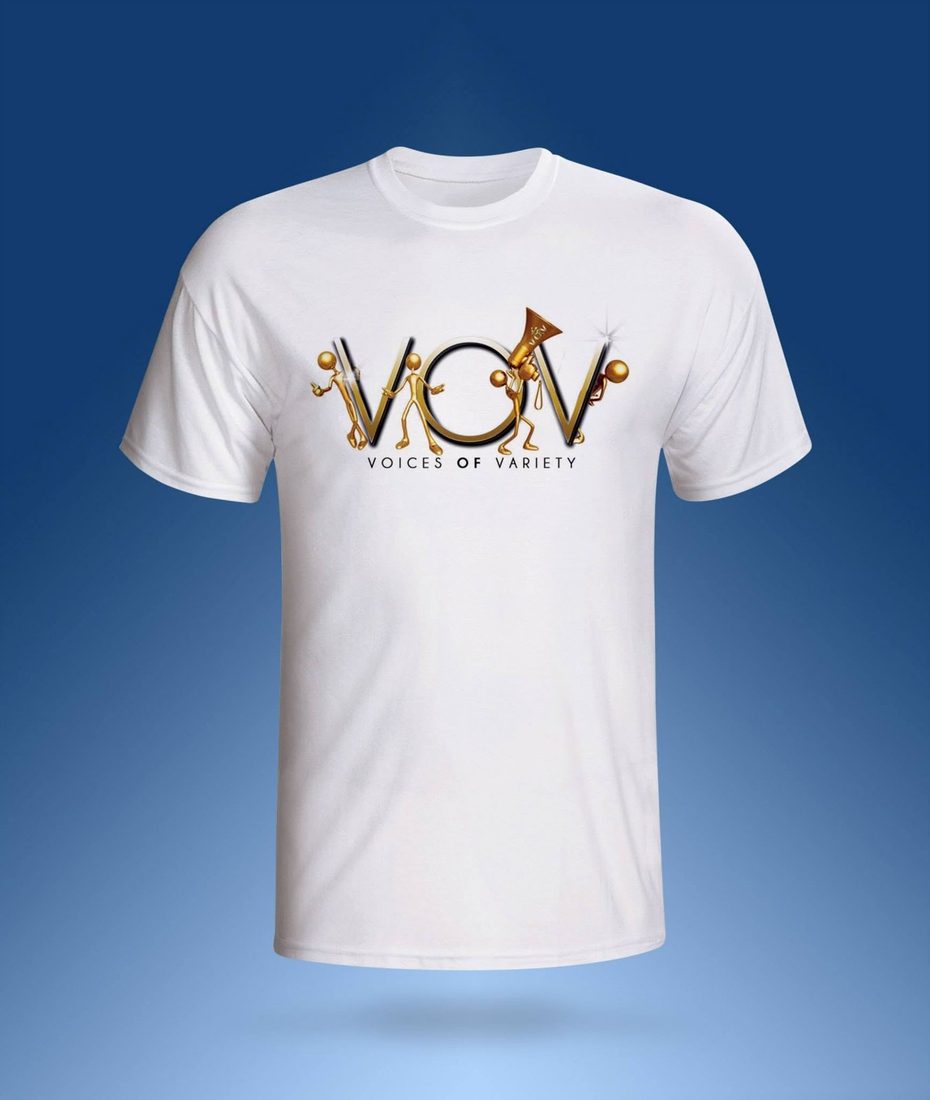 The classic V.O.V T-shirt in white with the full gold logo