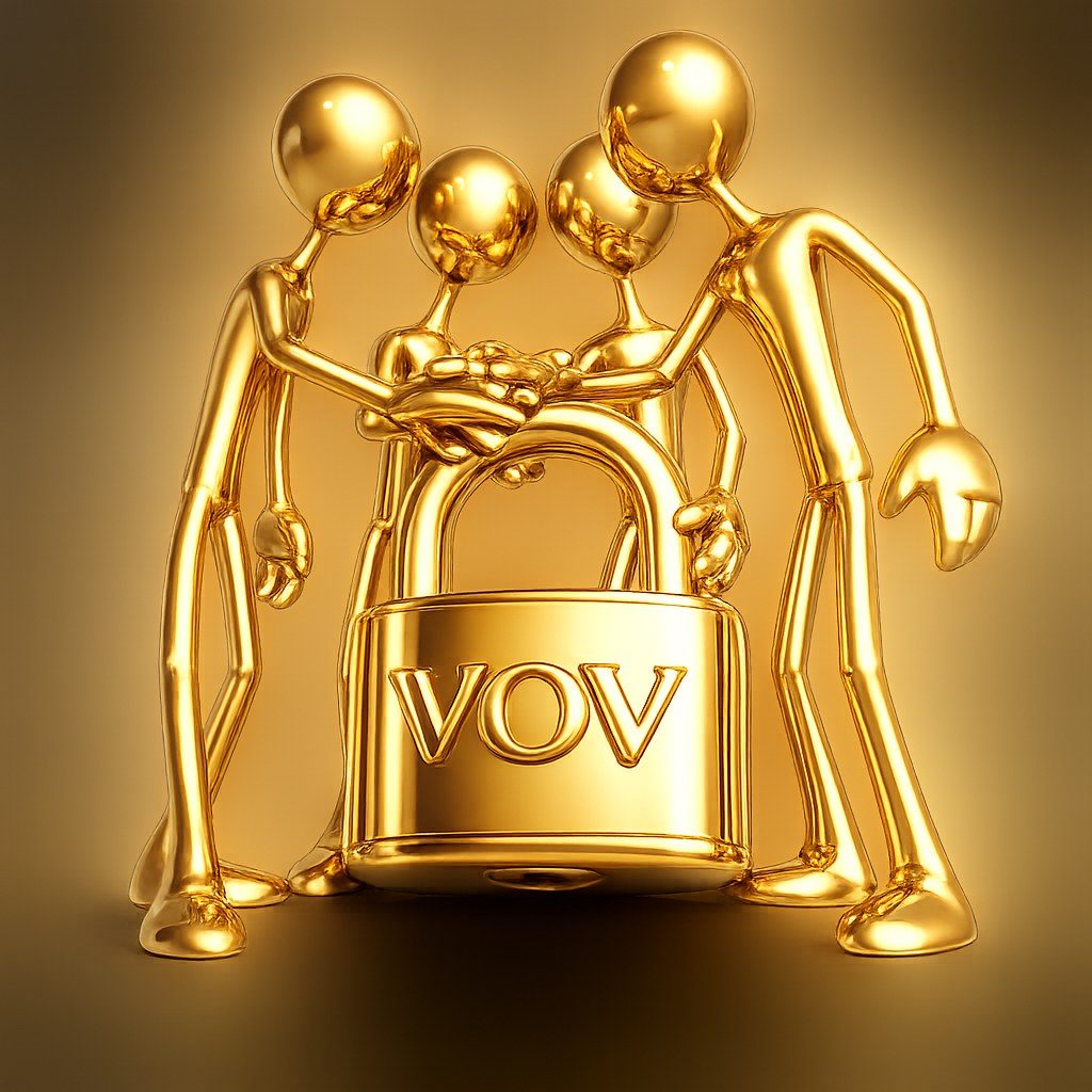 Gold V.O.V figures locking arms around a padlock