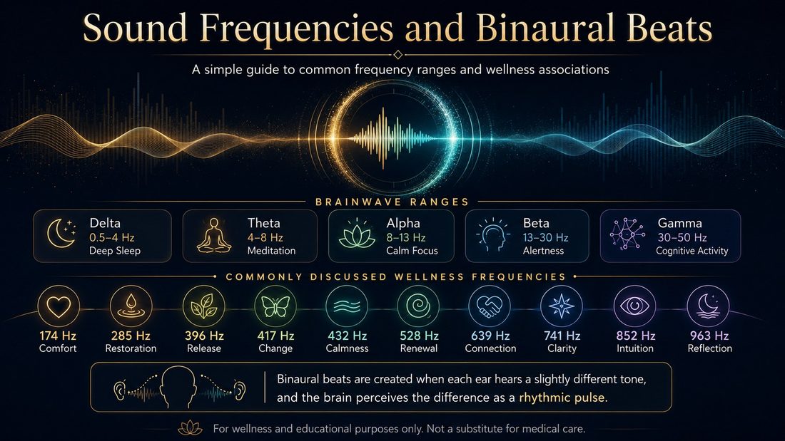 Sound Frequencies and Binaural Beats — a guide to brainwave ranges and commonly discussed wellness frequencies