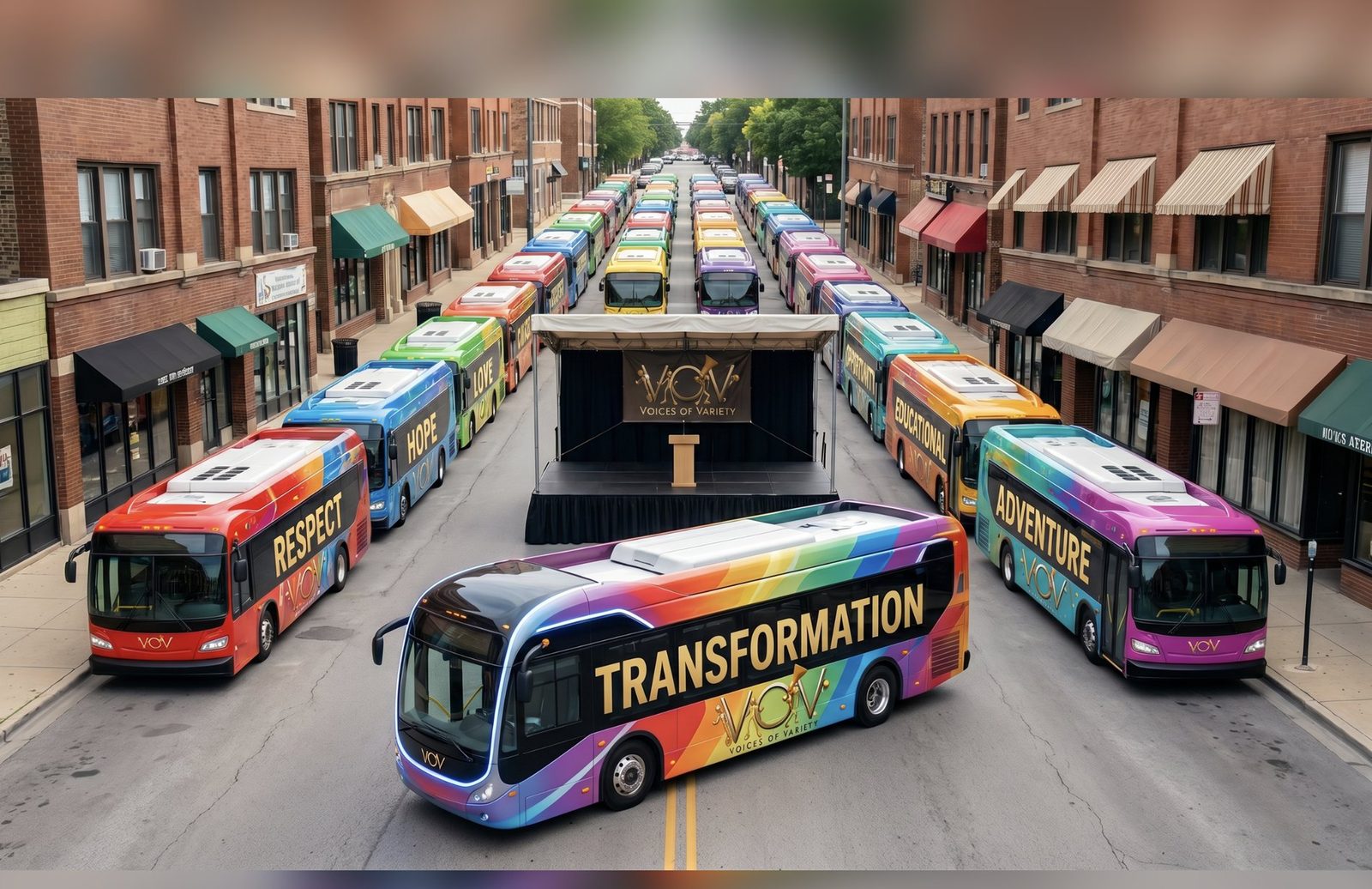 The V.O.V Vision Fleet — a street lined with colorful buses named Respect, Hope, Love, Adventure, Educational and Transformation, gathered around the V.O.V stage